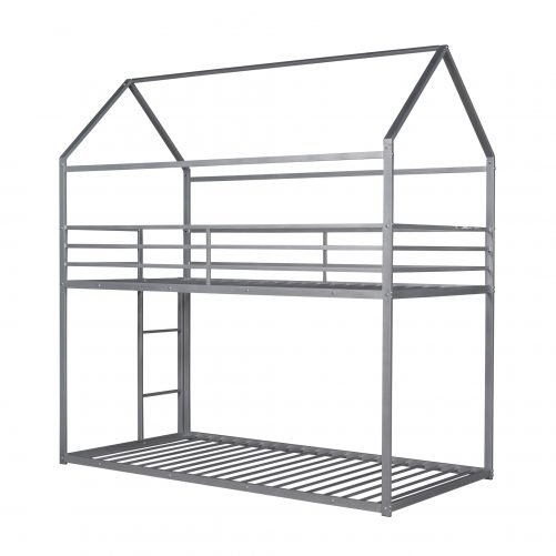 Twin Over Twin Metal Bunk Bed With Built-In Ladder, House Shape