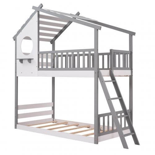 Wood Twin Over Twin Bunk Bed With Roof, Window, Ladder
