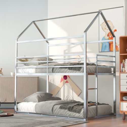 Twin Over Twin Metal Bunk Bed With Built-In Ladder, House Shape