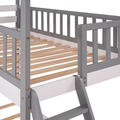 Wood Twin Over Twin Bunk Bed With Roof, Window, Ladder