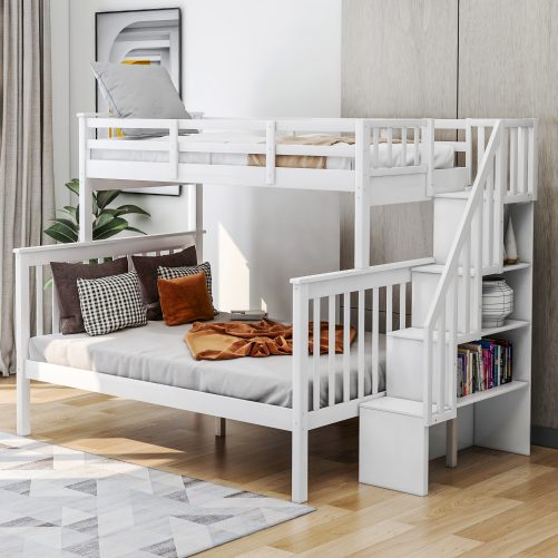 Twin Over Full Bunk Bed With Storage, Guard Rail And Stairway