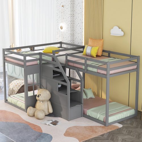 Twin Over Twin L-Shaped Bunk Bed with Built-in Middle Staircase