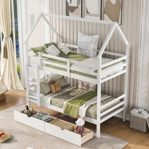 Twin Over Twin House Bunk Bed with Two Drawers, Chimney Design