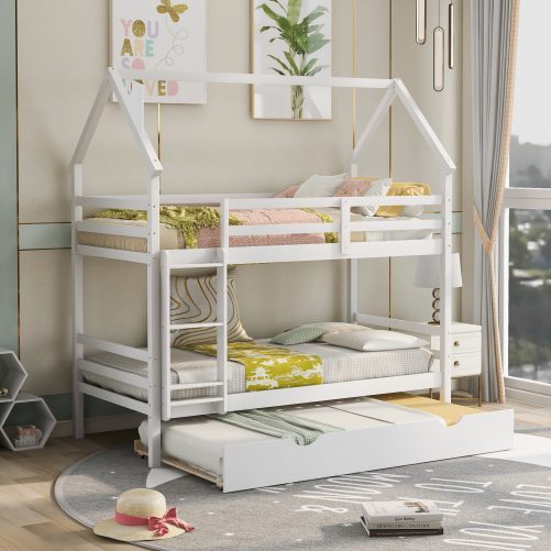 Twin over Twin House Bunk Bed with Trundle, Chimney Design
