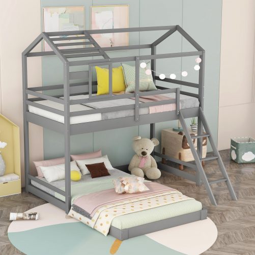 Twin Over Twin House Bunk Bed With Ladder, Window And Full-Length Guardrail