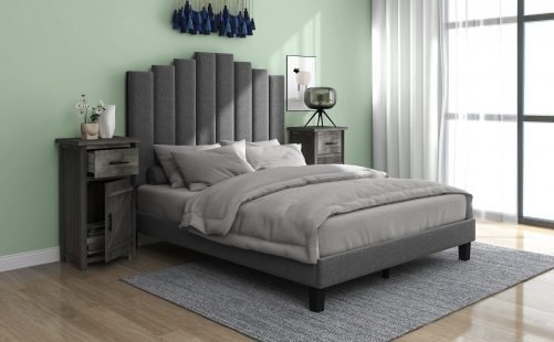 Queen Size Upholstered Platform Bed with Two Vintage Nightstands