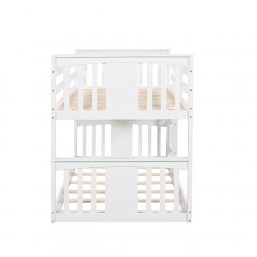 Twin Over Twin Low Bunk Bed With Ladder and Guardrail