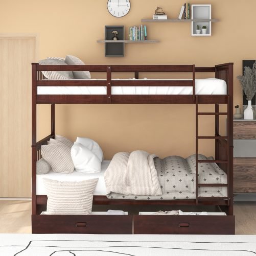 Full over Full Bunk Bed With Ladders And Two Storage Drawers