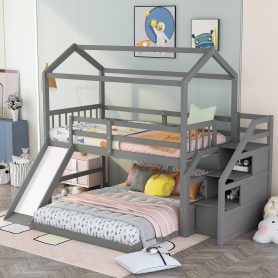 Twin Over Full House Bunk Bed with Convertible Slide and Storage Staircase,Full-Length Guardrail