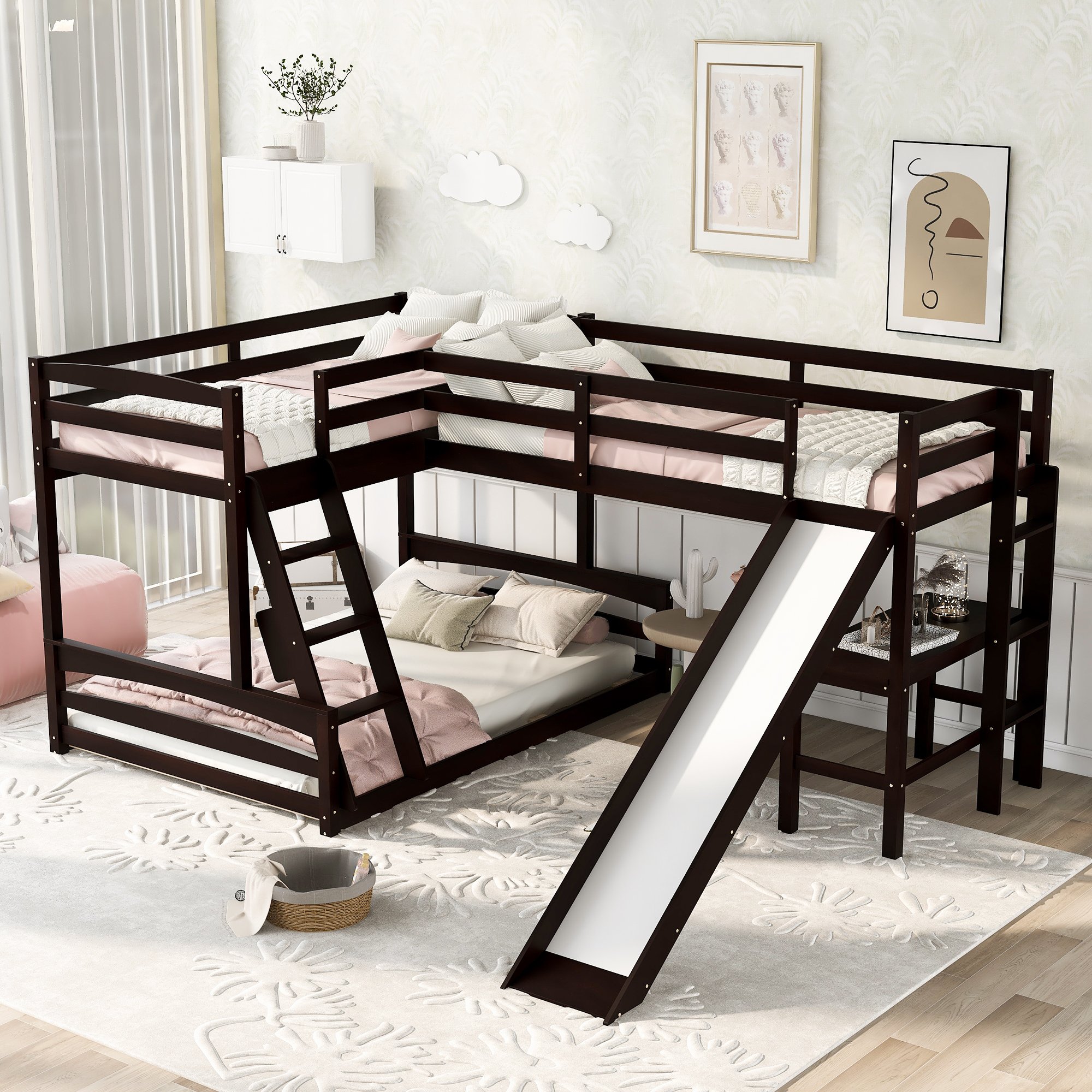 Twin Over Full Bunk Bed With Twin Size Loft Bed With Desk, Slide and Full-Length Guardrail