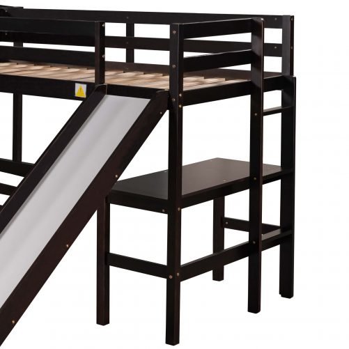 Twin Over Full Bunk Bed With Twin Size Loft Bed, Desk, Slide And Full-Length Guardrail