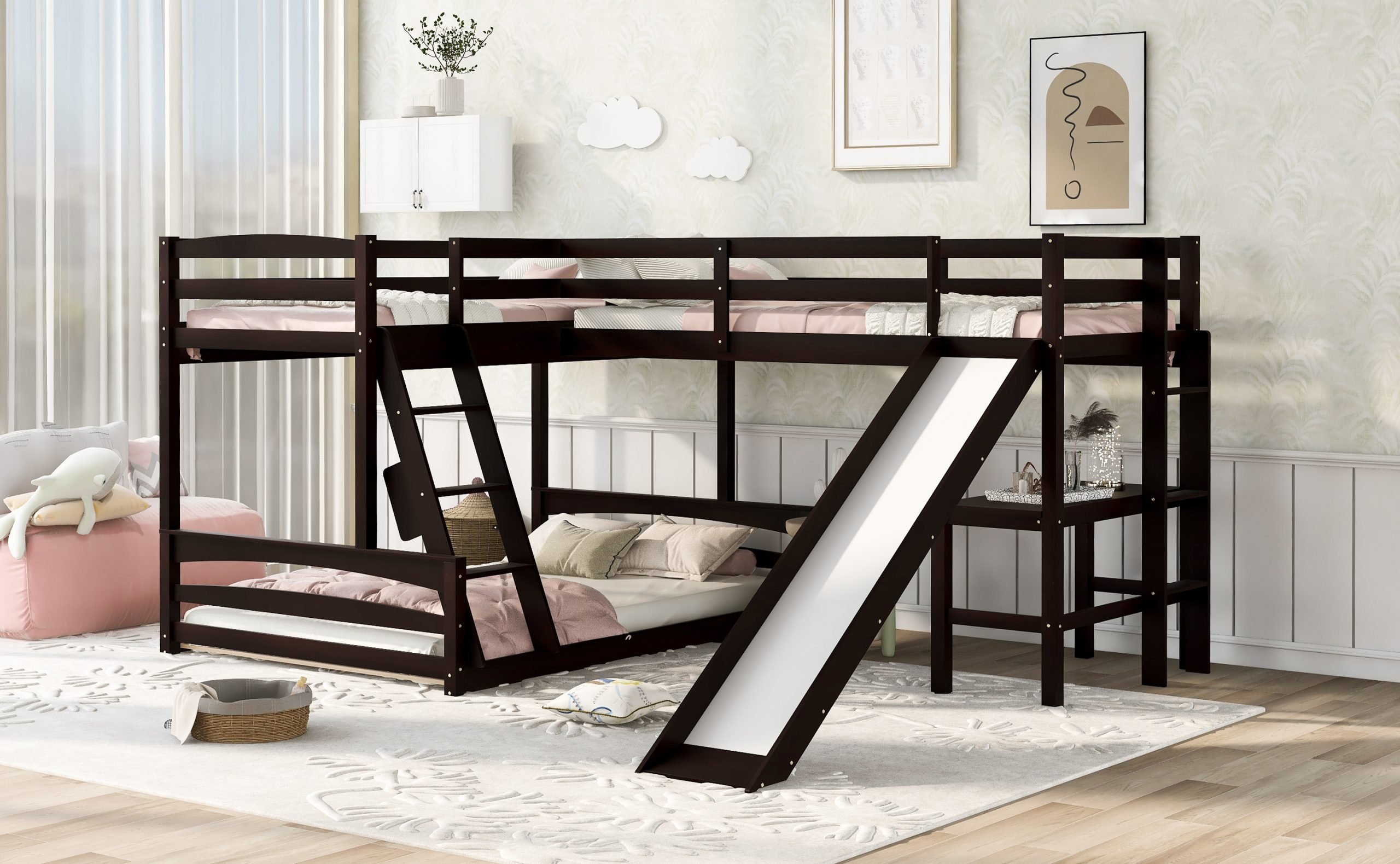 Twin Over Full Bunk Bed With Twin Size Loft Bed, Desk, Slide And  Full-Length Guardrail - Cool Toddler Beds
