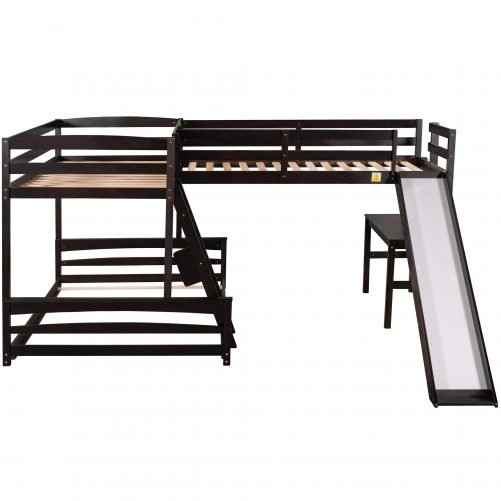 Twin Over Full Bunk Bed With Twin Size Loft Bed, Desk, Slide And Full-Length Guardrail