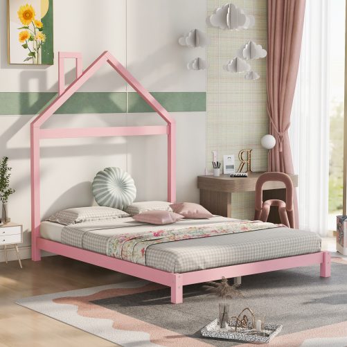 Full Size Wood Platform Bed With House-Shaped Headboard