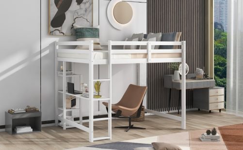 Full Size Loft Bed with Built-in Desk and Shelves