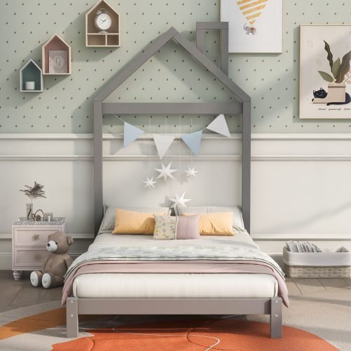 Twin Size Wood Platform Bed With House-Shaped Headboard