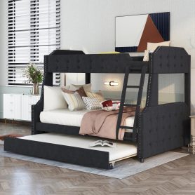 Twin Over Full Upholstered Bunk Bed With Trundle And Ladder,tufted Button Design,black