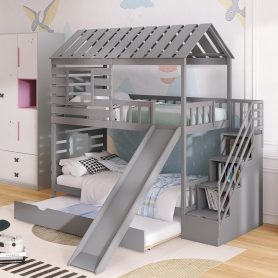 Twin over Twin House Bunk Bed with Trundle, Slide, Storage Staircase,Roof and Window Design