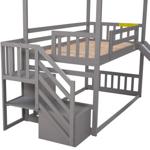 Twin Over Twin House Bunk Bed With Convertible Slide and Storage Staircase, Can Be Placed Left Or Right