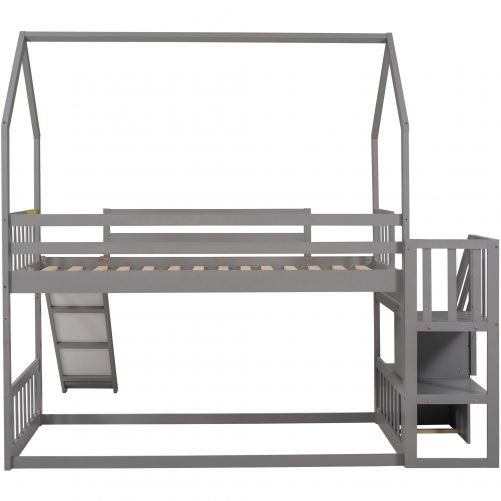 Twin Over Twin House Bunk Bed With Convertible Slide and Storage Staircase, Can Be Placed Left Or Right