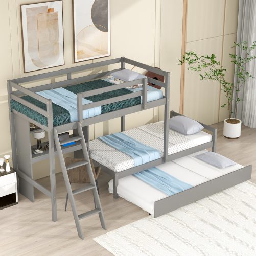 Twin over Twin Bunk Bed with Convertible Built-in Desk, Down Bed,Trundle and Ladder