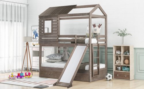 Twin Over Twin Bunk Bed With Two Storage Drawers And Slide, House-Shaped