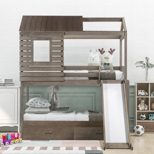 Twin Over Twin Bunk Bed With Two Storage Drawers And Slide, House-Shaped