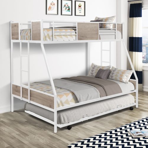 Twin Over Full Metal Bunk Bed With Trundle and Two-side Ladders
