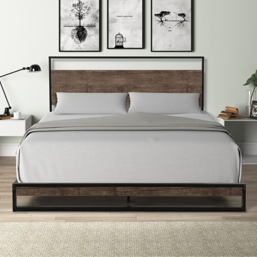 Queen Size Metal BedFrame With Wood Slats