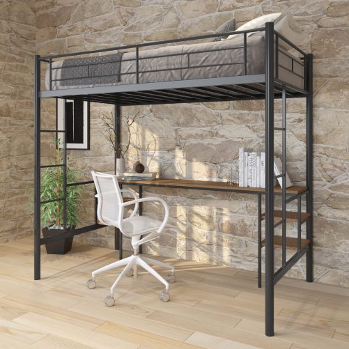 Twin Size Metal Loft Bed With Table