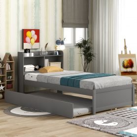 Twin Size Platform Bed with Trundle and Bookcase