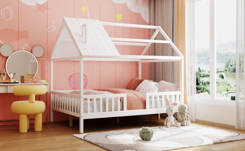 Wooden Full Size House Bed with Fence
