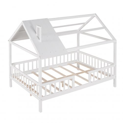 Wooden Full Size House Bed with Fence