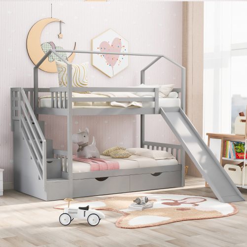 Twin Over Twin House Bunk Bed With Two Drawers And Slide, Storage Staircase