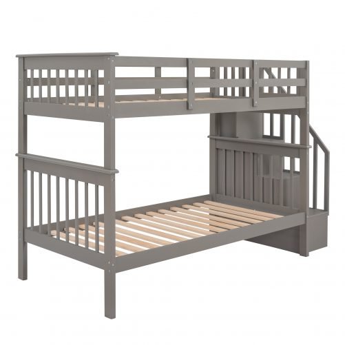 Twin over Twin Bunk Bed with Staircase And Guard Rail