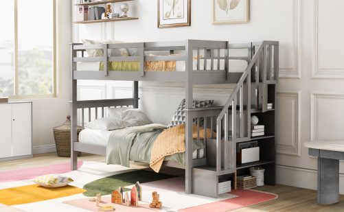 Twin over Twin Bunk Bed with Staircase And Guard Rail