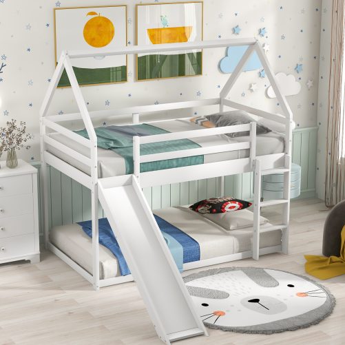 House Shape Twin Over Twin Bunk Bed With Convertible Slide And Ladder