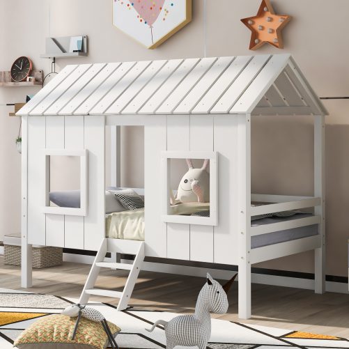 Twin Size Low Loft Bed With Roof And Two Front Windows