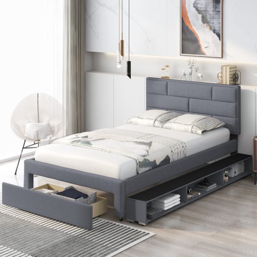 Full Size Linen Upholstered Platform Bed With a Drawer and Storage Shelves
