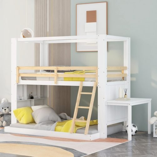 Reinforced Structure Twin Over Full Bunk Bed With Desk Storage Shelves