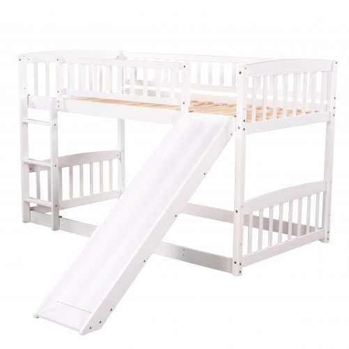 Wooden Twin Over Twin Low Bunk Bed with Fence and Ladder