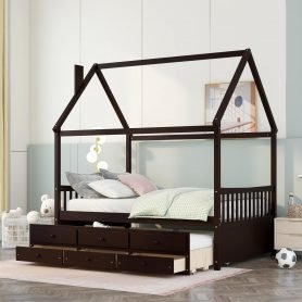 Wooden Full Size Daybed With Trundle And 3 Storage Drawers