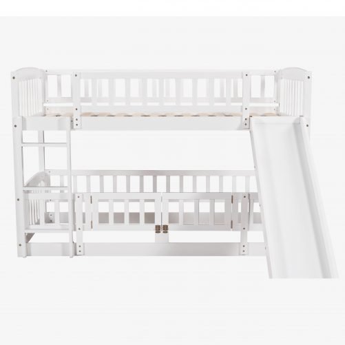 Wooden Twin Over Twin Low Bunk Bed with Fence and Ladder