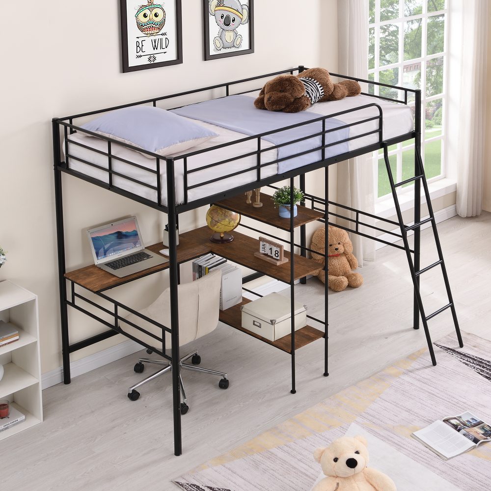 Twin Size Metal Loft Bed and Built-in Desk and Shelves - Cool Toddler Beds