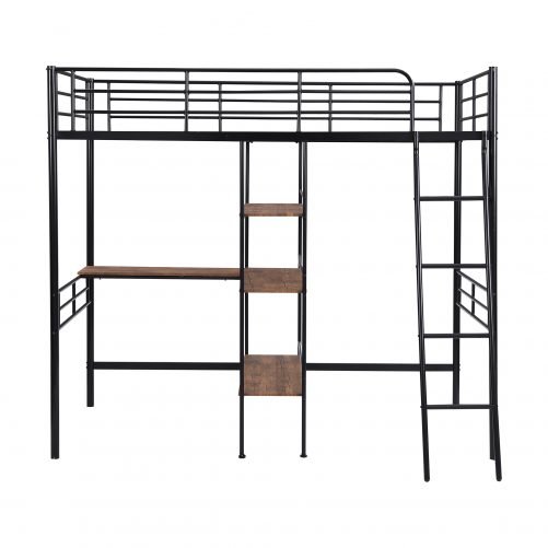 Twin Size Metal Loft Bed and Built-in Desk and Shelves