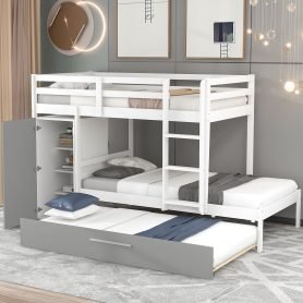 Twin over Twin Bunk Bed with Built-in Storage Wardrobe and Trundle