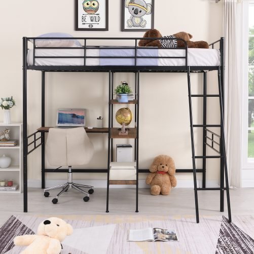 Twin Size Metal Loft Bed and Built-in Desk and Shelves