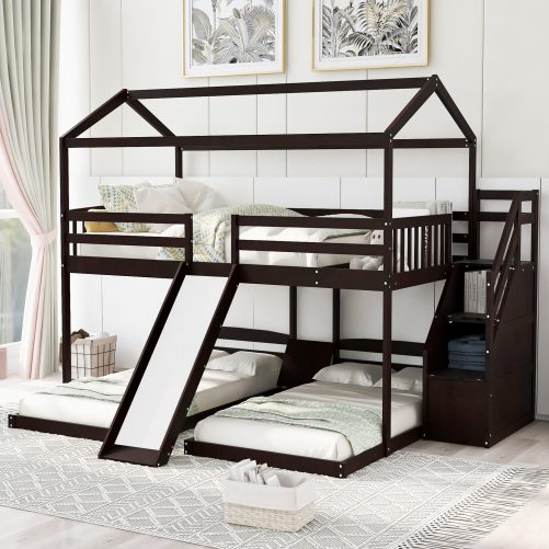 Full Over Twin & Twin Bunk Bed,with Slide And Storage Staircase, Built-in Drawer And Shelf