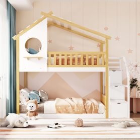 House Shape Twin Over Twin Bunk Bed with Stairway and Guard Rail