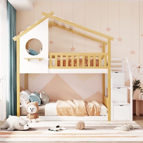 House Shape Twin Over Twin Low Bunk Bed With Stairway And Guard Rail
